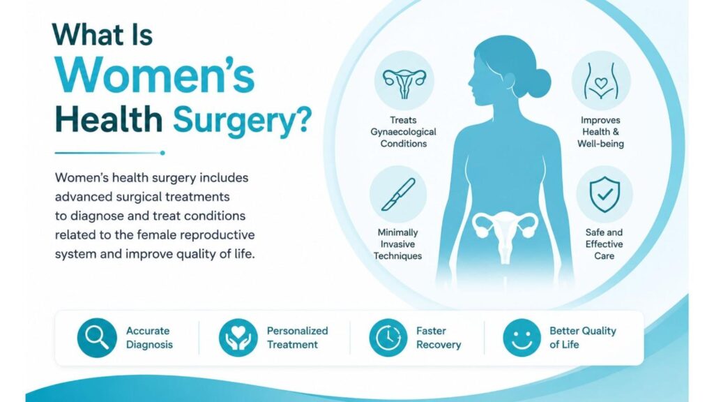Medical illustration explaining women’s health surgery, featuring a female figure with a reproductive system graphic and icons representing diagnosis, treatment, minimally invasive surgery, recovery, and overall wellbeing.