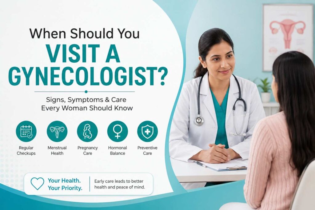 When Should You Visit a Gynecologist featuring a doctor consulting a woman about gynecological health, symptoms, pregnancy care, and regular checkups.