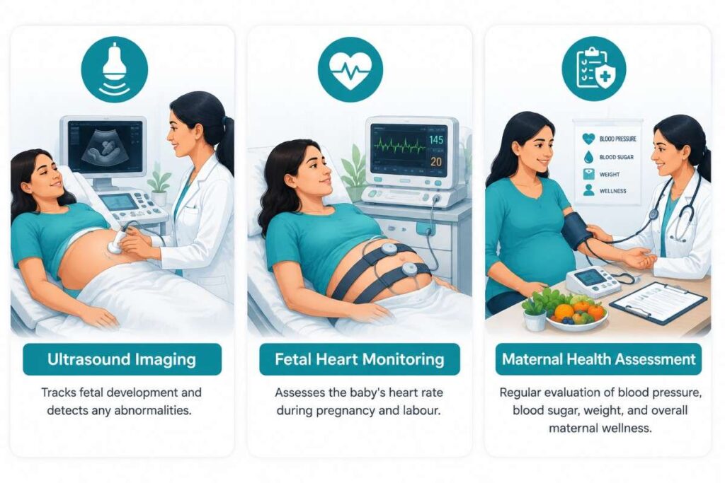 Safe Maternity Care in Thrissur illustration showing ultrasound imaging, fetal heart monitoring, and maternal health assessment to support a healthy pregnancy and ensure comprehensive prenatal care.