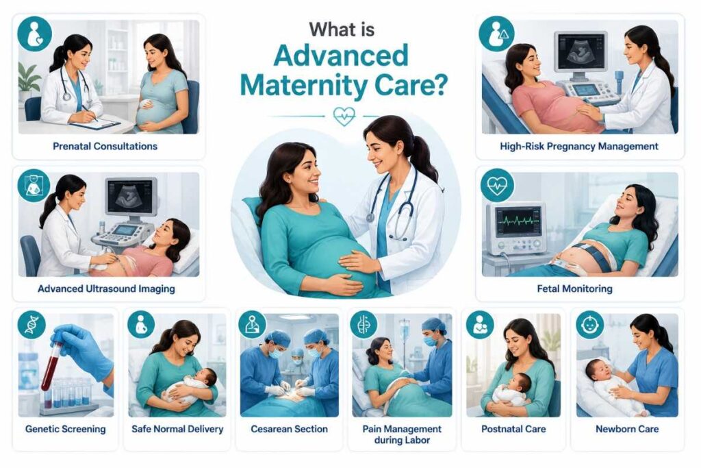 Advanced Maternity Care in Thrissur illustration showcasing comprehensive pregnancy services, including prenatal consultations, high-risk pregnancy management, advanced ultrasound imaging, fetal monitoring, genetic screening, safe normal delivery, cesarean section, pain management during labor, postnatal care, and newborn care.