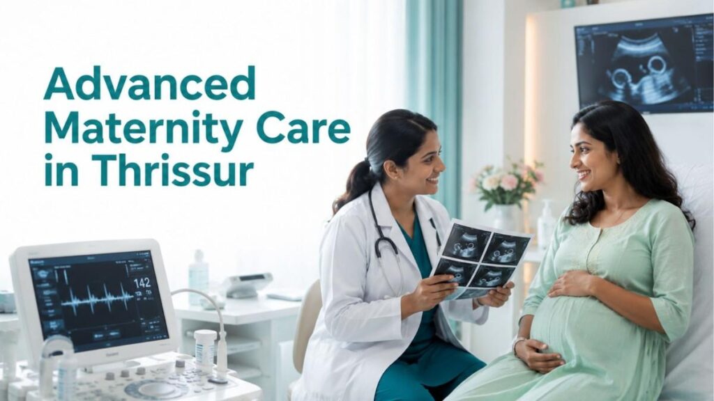 Experienced obstetrician providing prenatal consultation to an expectant mother at an Advanced Maternity Care in Thrissur hospital.