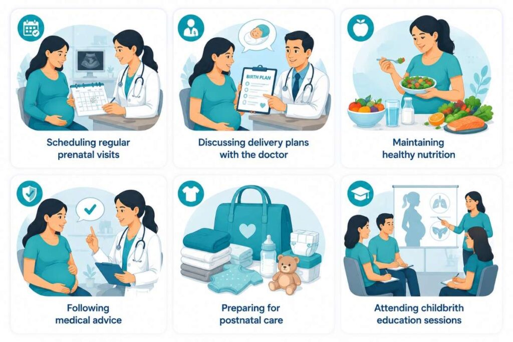 Affordable Maternity Care in Thrissur illustration showing essential prenatal care, including regular prenatal visits, delivery planning, healthy nutrition, following medical advice, postnatal care preparation, and childbirth education.