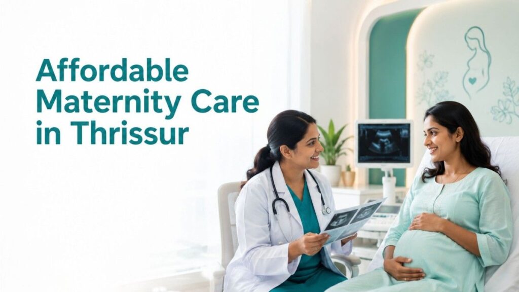 Affordable Maternity Care in Thrissur banner featuring an experienced obstetrician providing prenatal consultation and compassionate pregnancy care to an expectant mother.