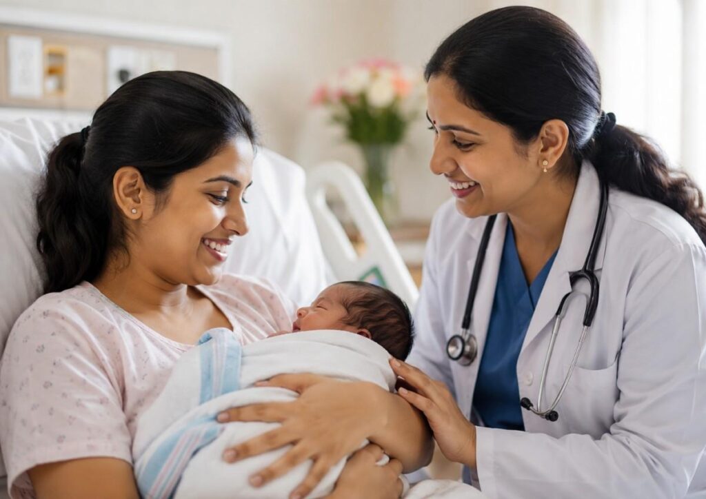 Mother holding her newborn while consulting a doctor, highlighting Choosing the Best Maternity Care in Thrissur for safe postnatal and newborn care.