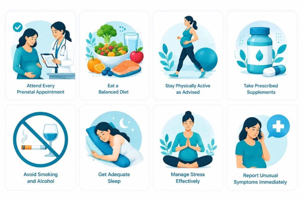 Maternity Care Services in Thrissur illustration showing healthy pregnancy tips, including prenatal checkups, balanced nutrition, physical activity, supplements, adequate sleep, stress management, and healthy lifestyle habits.