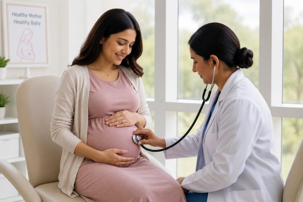 Pregnant woman receiving a prenatal checkup as part of Maternity Care Services in Thrissur from an experienced doctor.