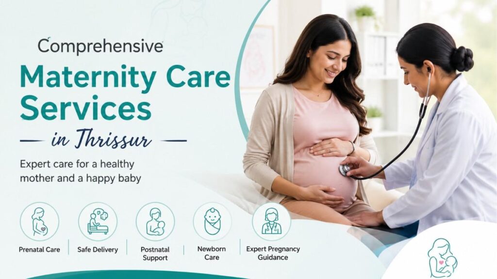 Maternity Care Services in Thrissur banner featuring a pregnant woman receiving a prenatal checkup from an experienced maternity doctor.