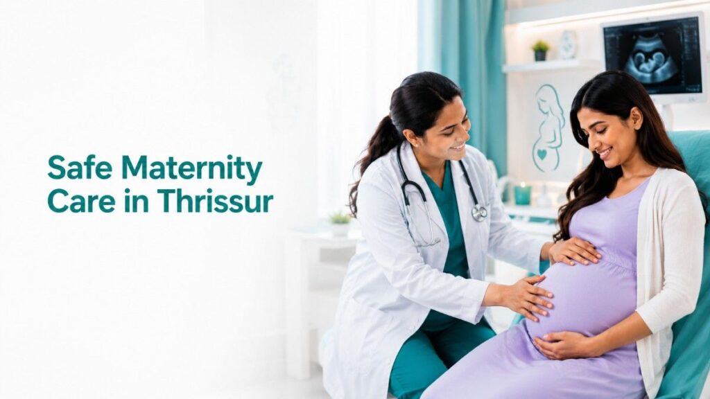 Safe Maternity Care in Thrissur – Experienced female obstetrician reassuring a smiling pregnant woman during a prenatal consultation in a modern maternity hospital.