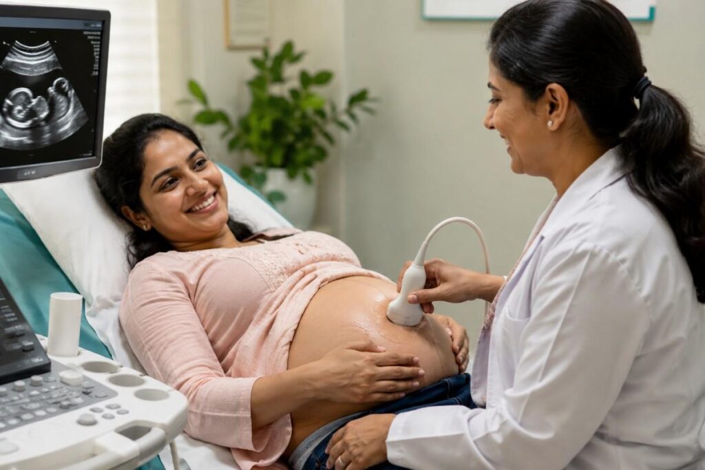 Advanced Pregnancy Monitoring in Thrissur with an Indian obstetrician performing a prenatal ultrasound examination for a pregnant woman.
