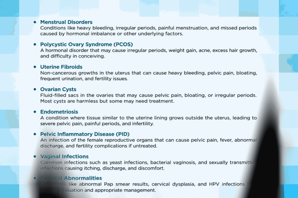 Infographic explaining common gynecological conditions, including menstrual disorders, PCOS, uterine fibroids, ovarian cysts, endometriosis, PID, vaginal infections, and cervical abnormalities.