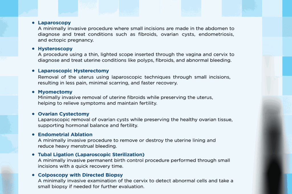 Infographic explaining minimally invasive gynecological procedures, including laparoscopy, hysteroscopy, myomectomy, ovarian cystectomy, endometrial ablation, tubal ligation, and colposcopy.